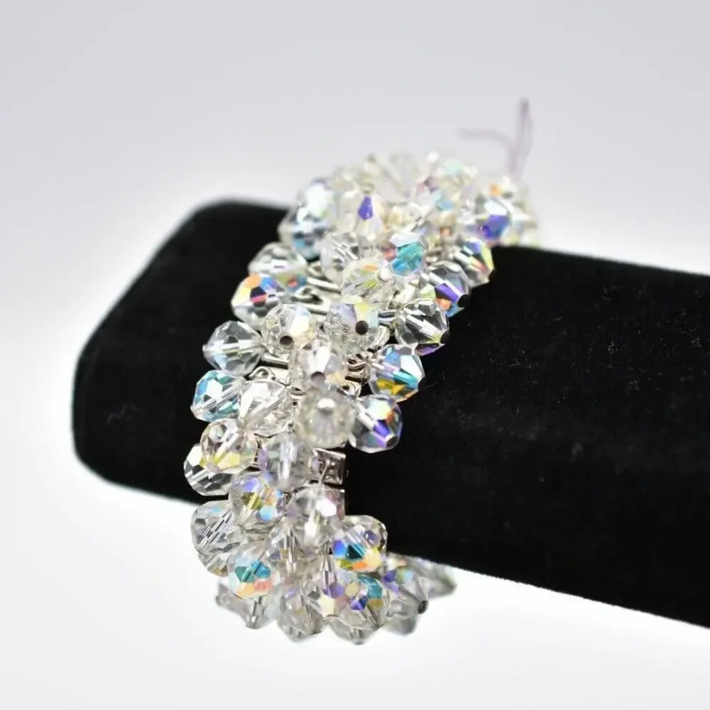 Vintage Crystal Cluster Bangle Bracelet Aurora Borealis Deco Japan Signed Bin2